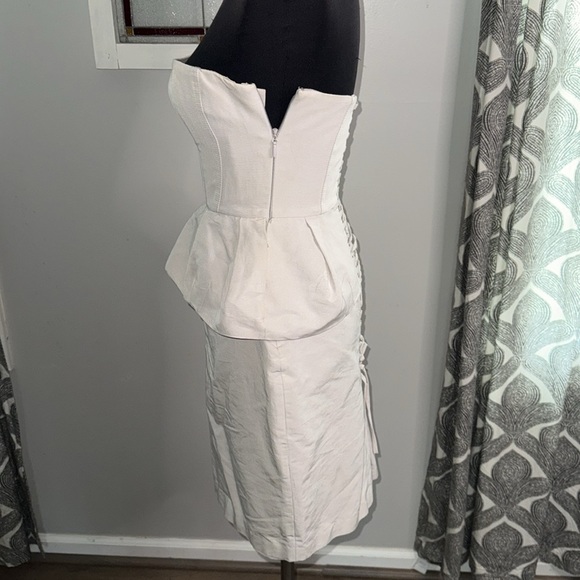 BCBG Strapless Lace Up Corset Peplum Mini Dress in Light Ash - Picture 6 of 13